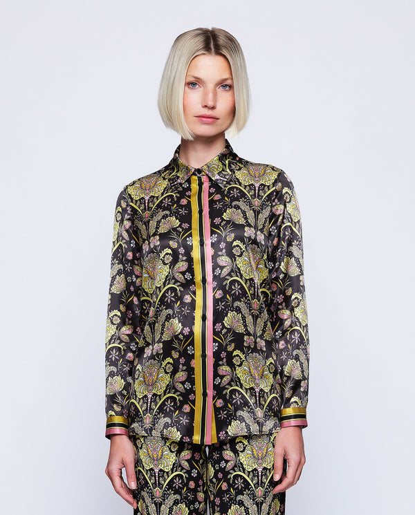 Black silk ornamental print blouse by MIRTO