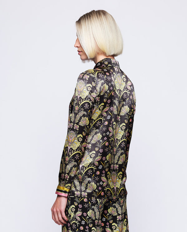 Black silk ornamental print blouse by MIRTO