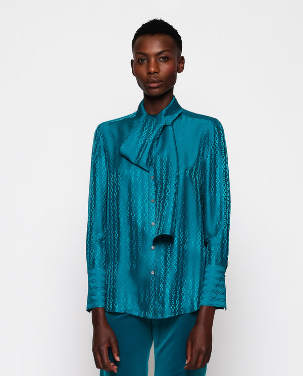 Turquoise silk blend jacquard blouse by MIRTO