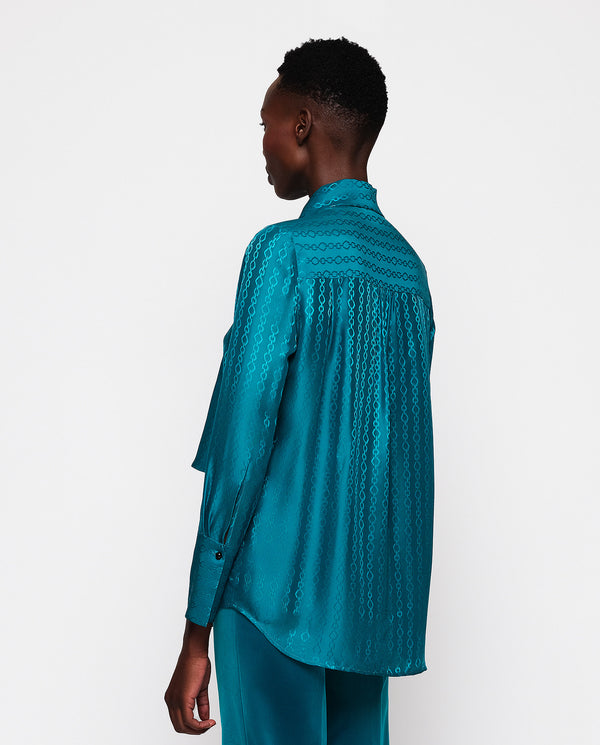 Turquoise silk blend jacquard blouse by MIRTO