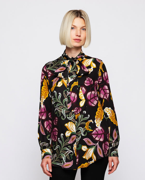 Black background floral print blouse by MIRTO