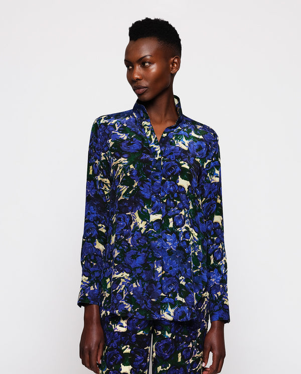 Blue & green floral print blouse by MIRTO