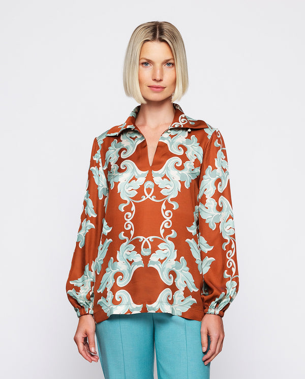 Hazelnut tone ornamental print blouse by MIRTO