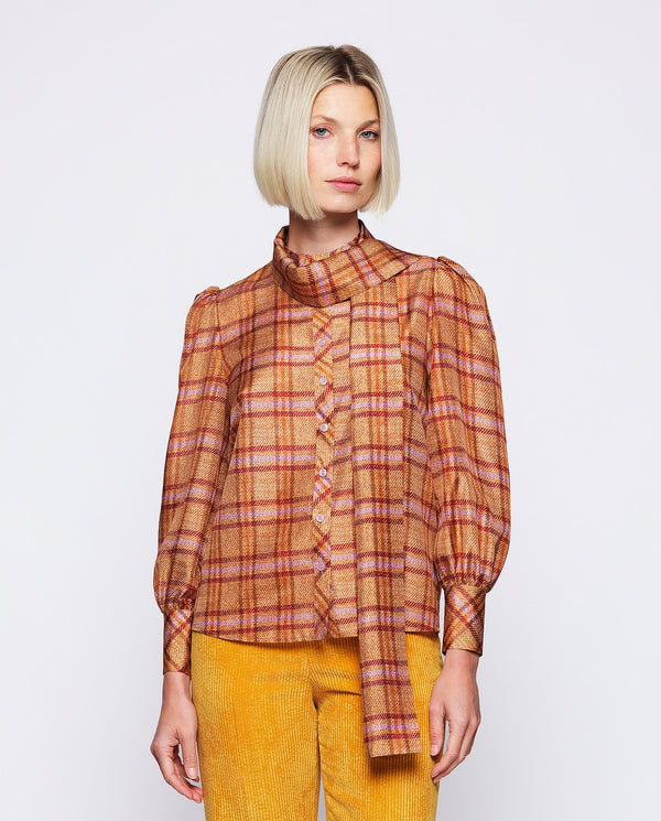 Camel habutai silk plaid blouse by MIRTO