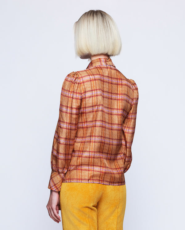 Camel habutai silk plaid blouse by MIRTO