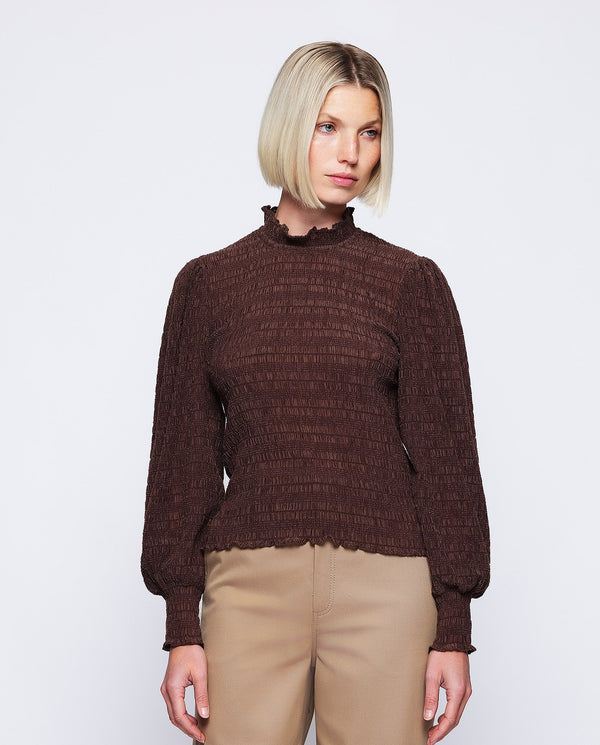 Brown elastic chiffon top by MIRTO