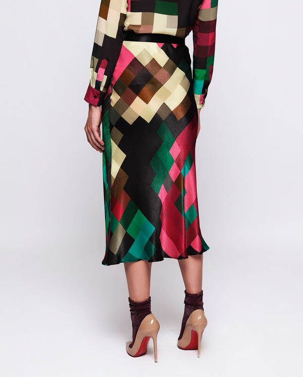 Multicolor pixel plaid midi skirt by MIRTO