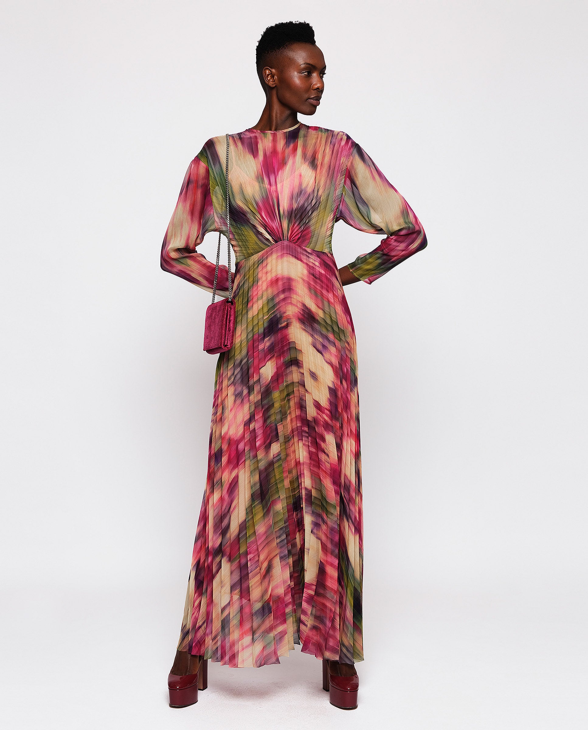 Multicolor pleated Ikat print dress by MIRTO