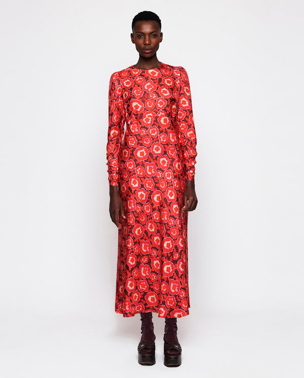 Red silk twill floral print dress by MIRTO