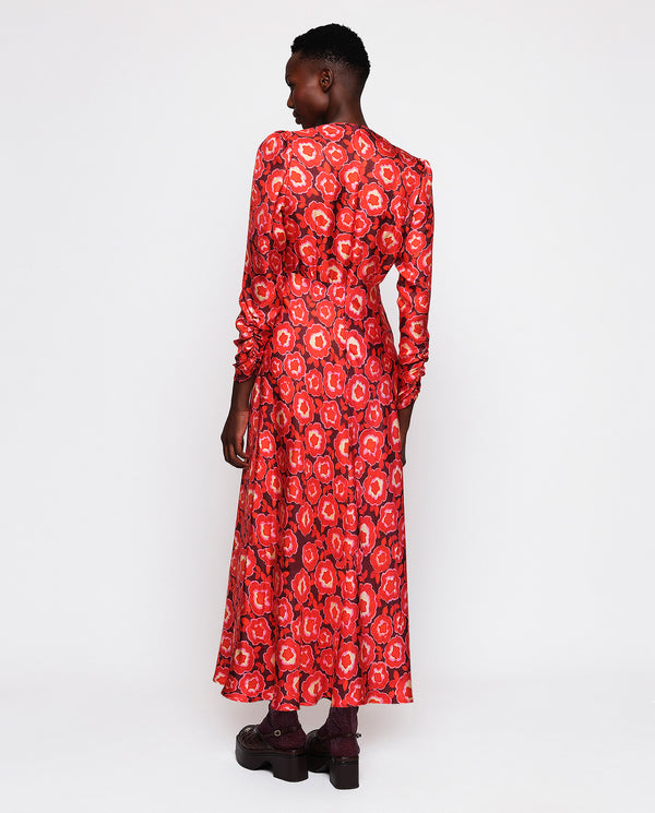 Red silk twill floral print dress by MIRTO