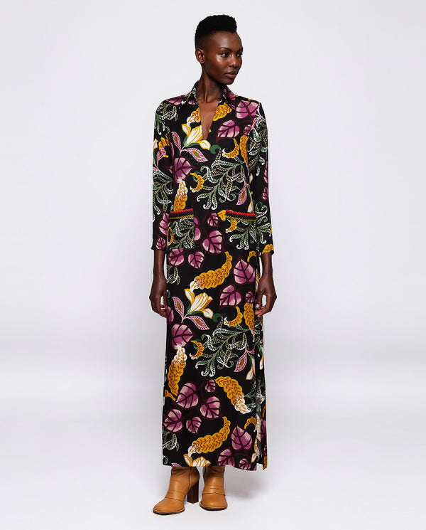 Black background floral print dress by MIRTO