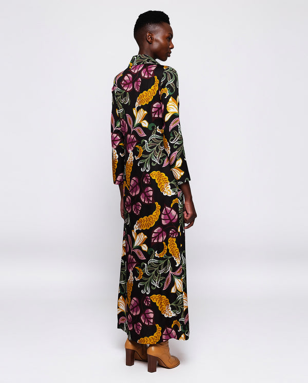 Black background floral print dress by MIRTO