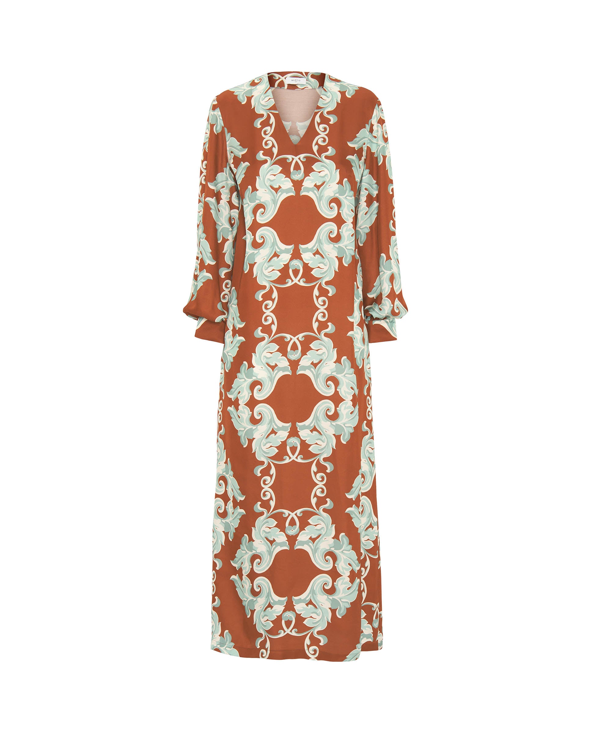 Hazelnut tone ornamental print dress by MIRTO