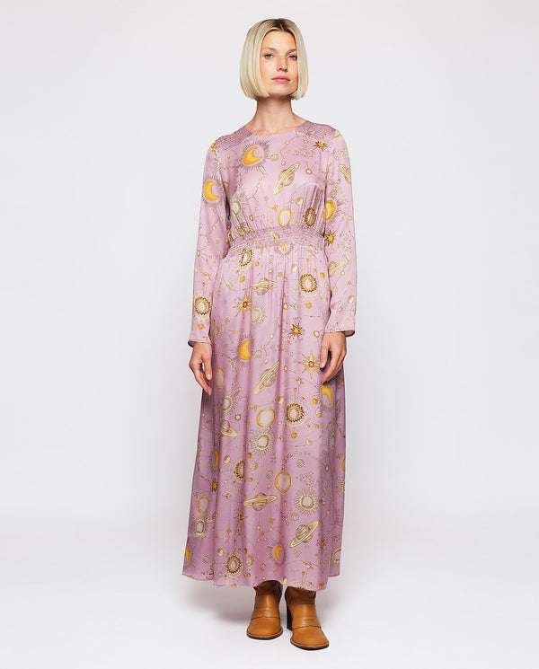 Mauve figurative print midi dress by MIRTO