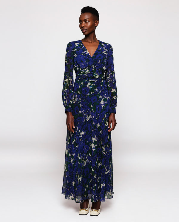 Green & blue chiffon floral print dress by MIRTO