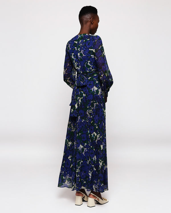 Green & blue chiffon floral print dress by MIRTO