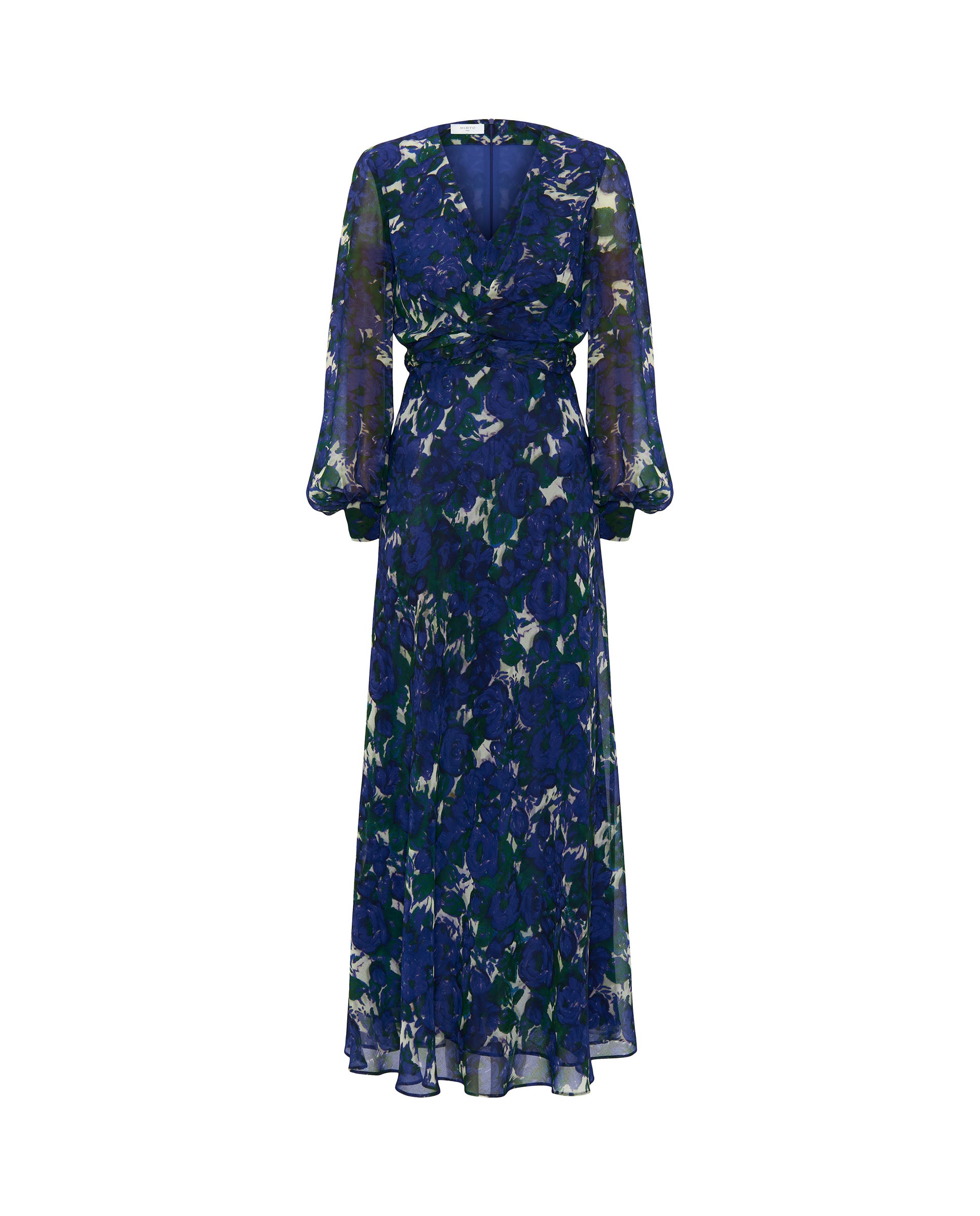 Green & blue chiffon floral print dress by MIRTO