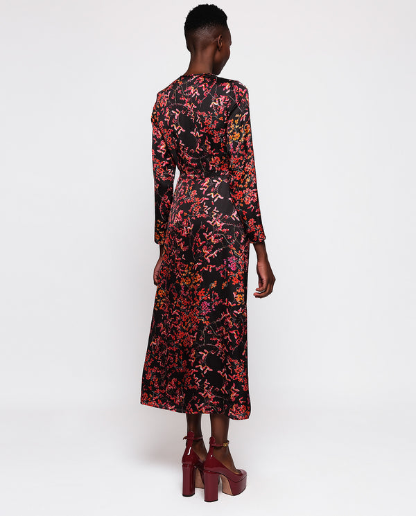 Red & black floral print midi dress by MIRTO