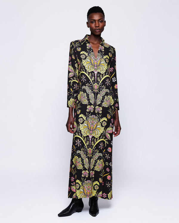 Black background ornamental print dress by MIRTO