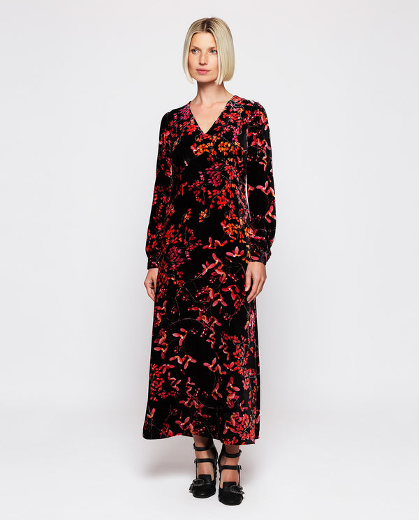 Red velvet floral print dress by MIRTO