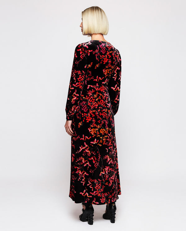 Red velvet floral print dress by MIRTO