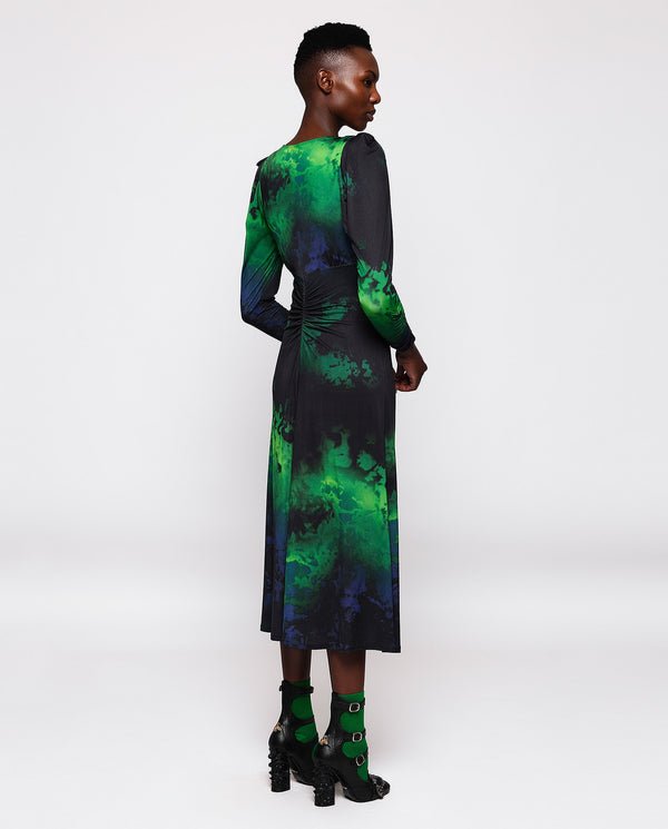 Green & black print knit fabric dress by MIRTO