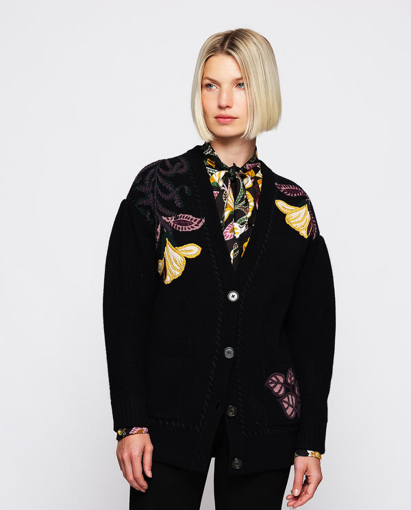 Black jacquard floral motif cardigan by MIRTO