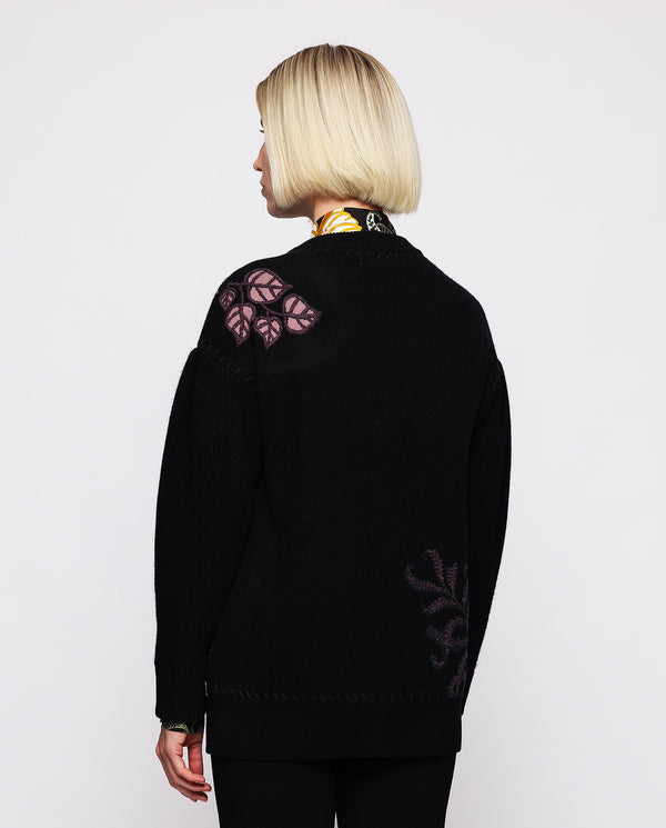 Black jacquard floral motif cardigan by MIRTO