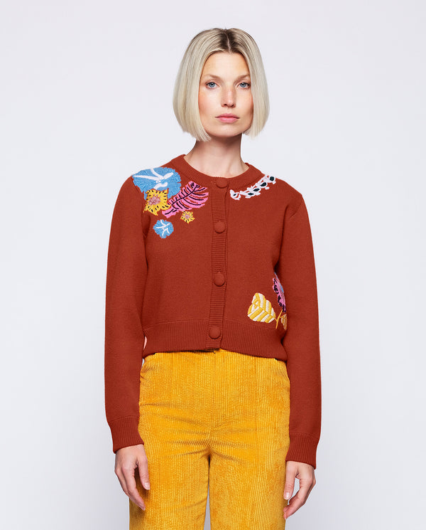 Saffron embroidered floral jacquard cardigan