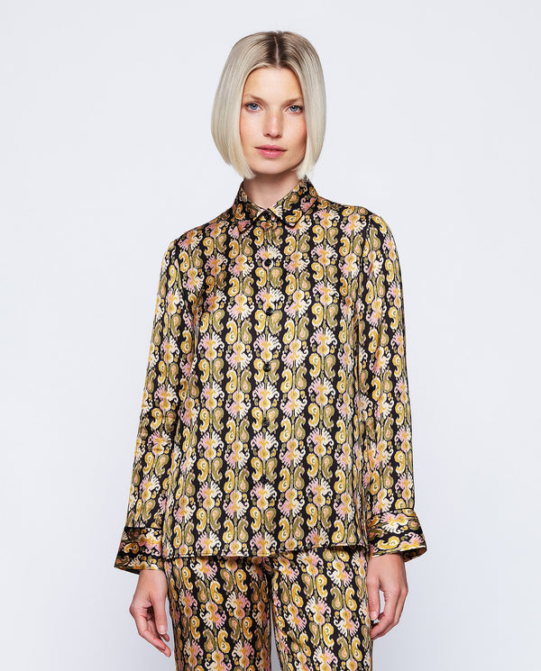 Black background paisley print blouse by MIRTO