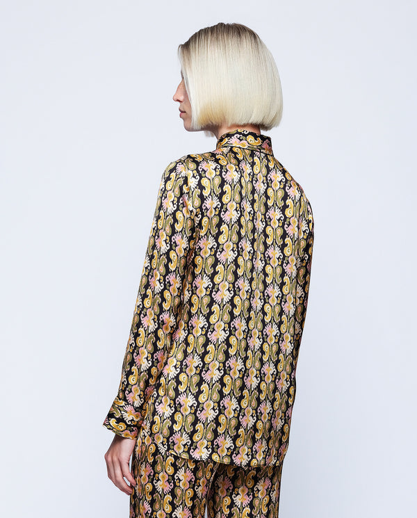 Black background paisley print blouse by MIRTO