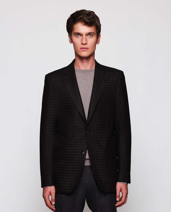 Brown wool, silk & linen blend plaid jacket