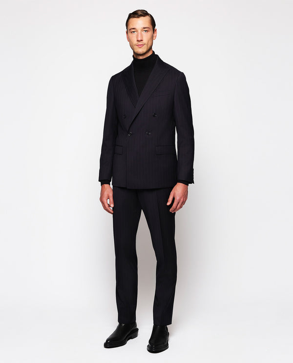 Navy blue pinstripe double-breasted suit by MIRTO