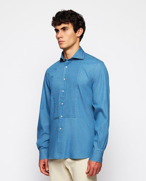 Light blue pleated denim shirt