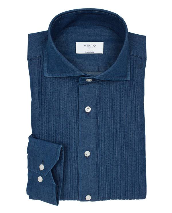 CUT AWAY COLLAR PLEATED DENIM SHIRT by MIRTO