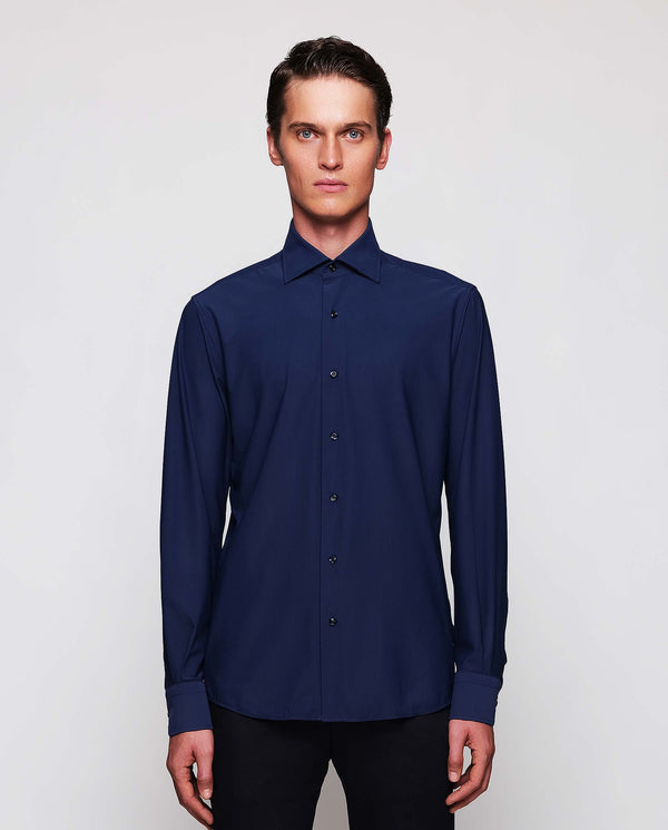 Navy blue tailored fit technical dress shirt