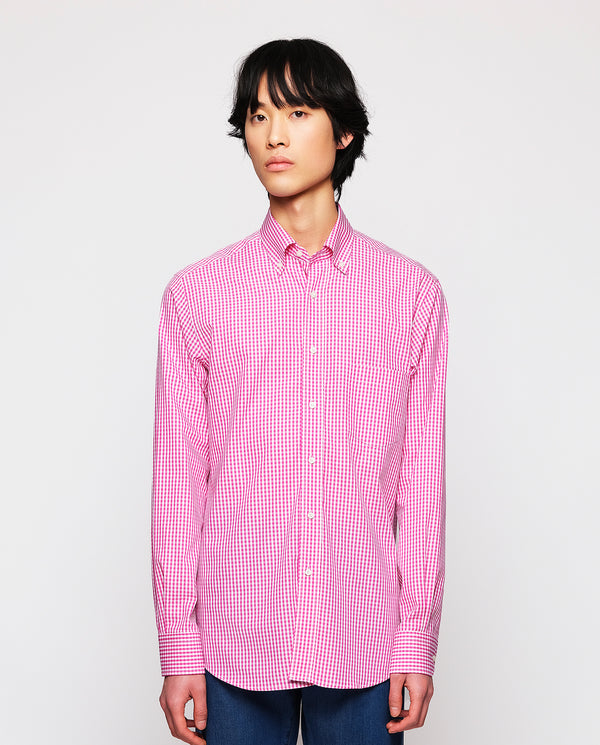 Fuchsia & white cotton plaid casual shirt