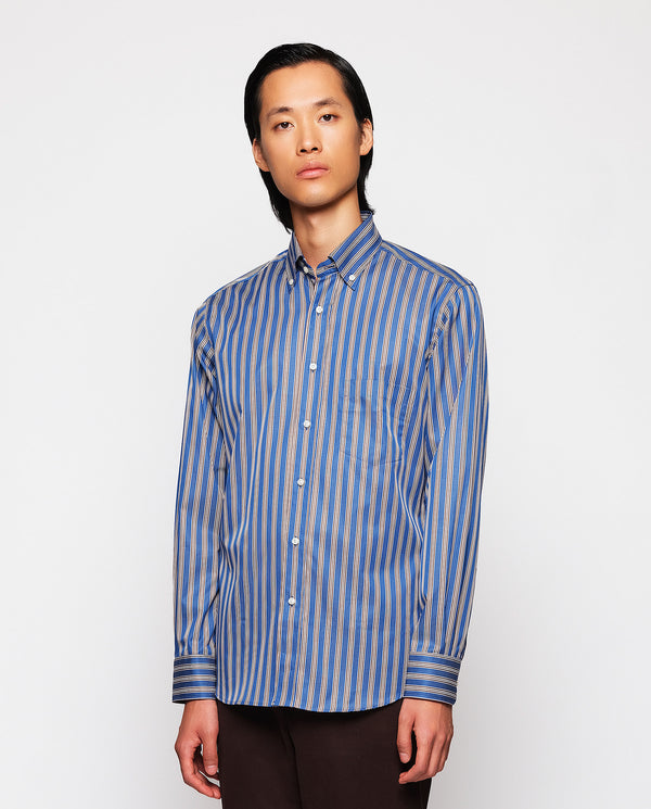 Blue casual shirt with brown & white stipes