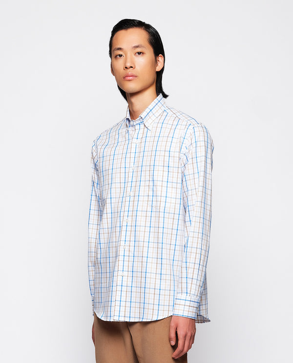 White casual shirt with brown & bue plaid