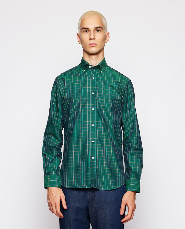 Green cotton plaid casual shirt