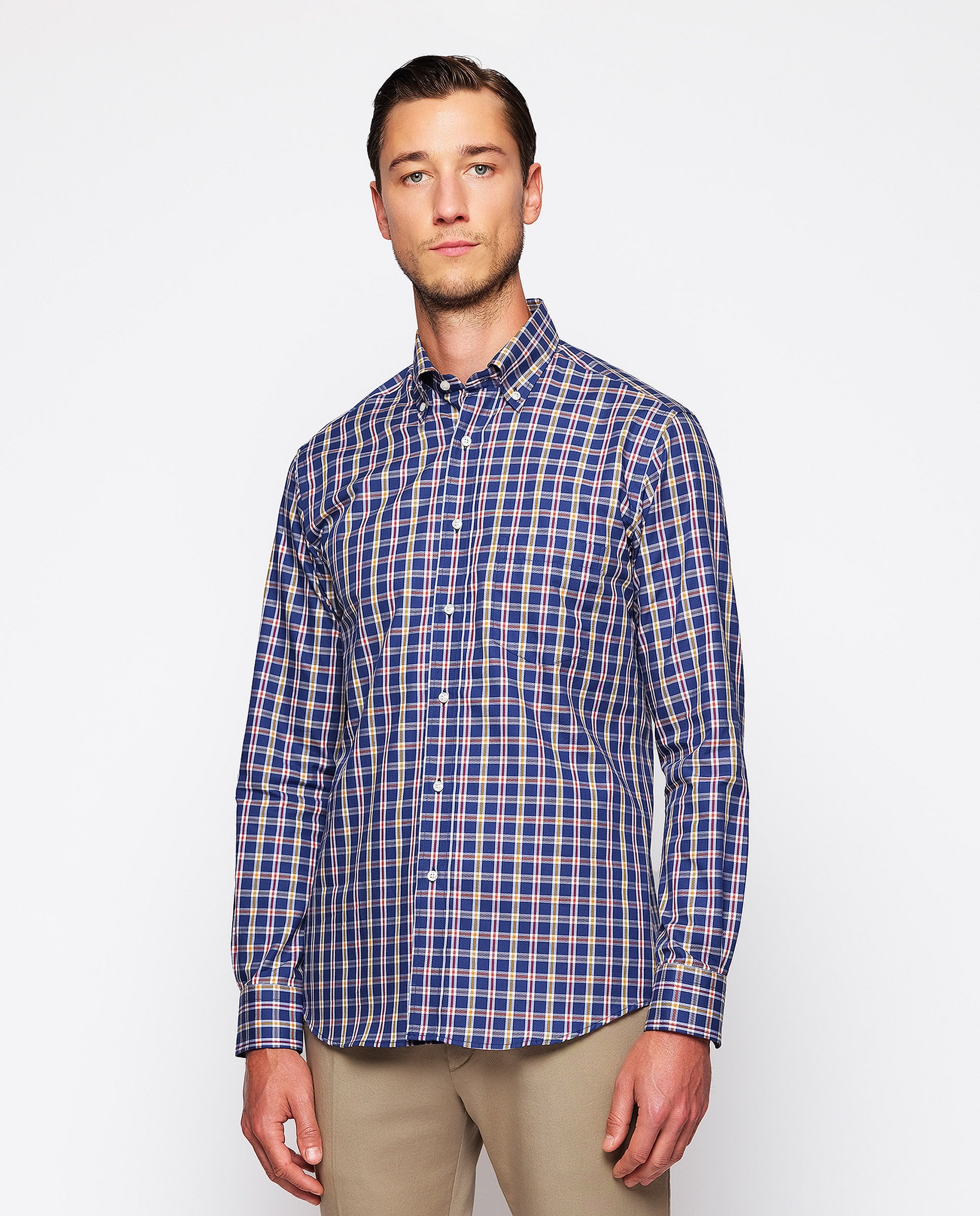 Blue casual shirt with red & yellow plaid by MIRTO