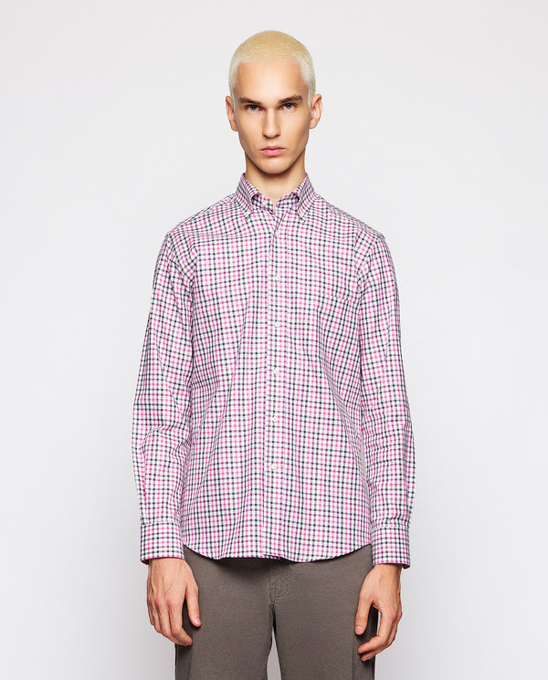 White Oxford cotton casual shirt with pink & green plaid