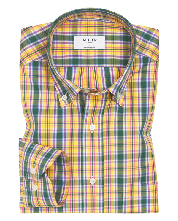 Yellow casual shirt with green & purple plaid by M