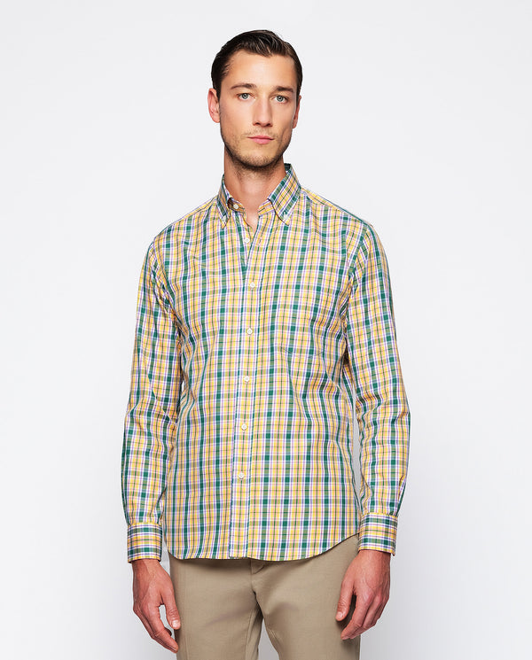 Yellow casual shirt with green & purple plaid by M