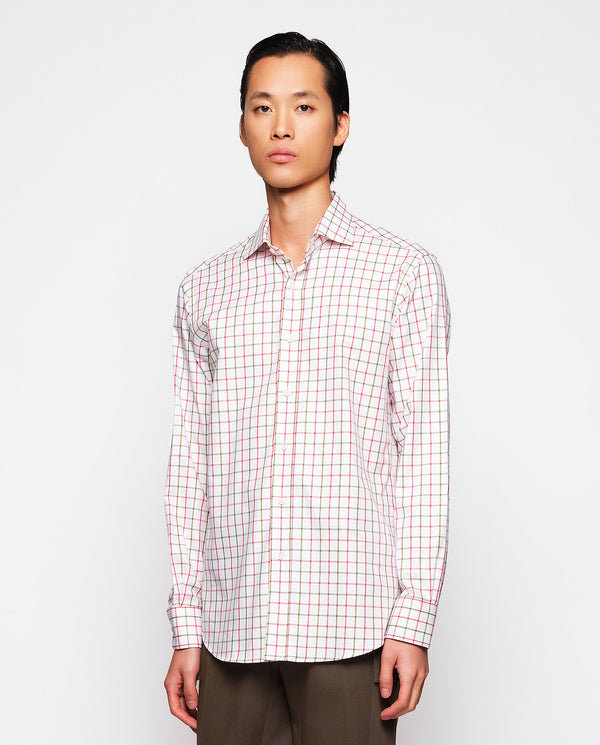 White casual shirt with red & green plaid