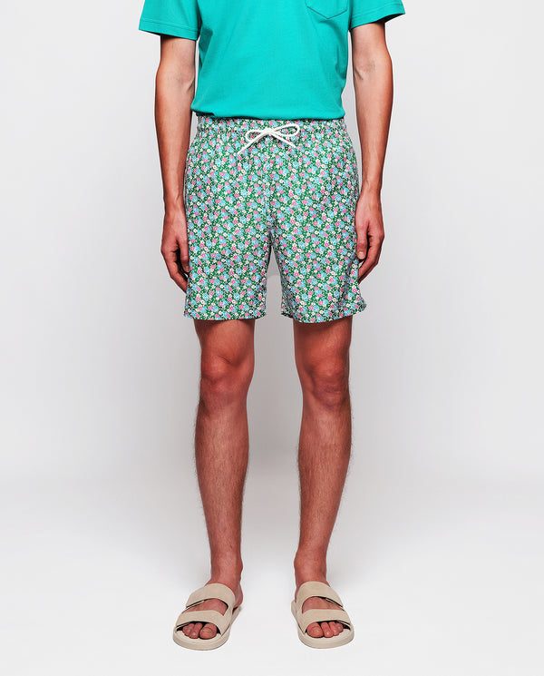 Green, pink, blue flower print swim shorts