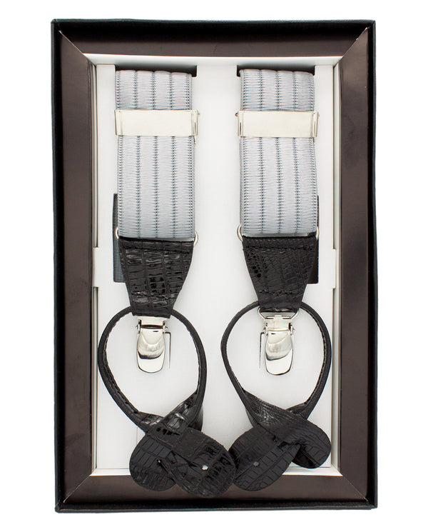 Grey leather-trimmed wool-felt braces