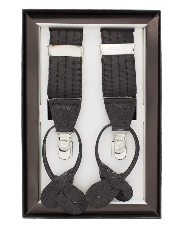 Black leather-trimmed clip & button braces