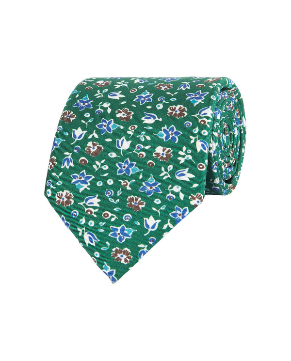 Green floral print twill tie