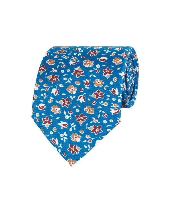 Blue floral print twill tie